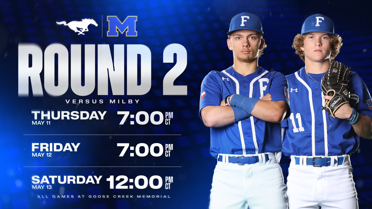 fhsballplayers's tweet photo. ROUND 2

🆚 @MilbyBaseball 
1️⃣ Thursday (May 11): 7pm
2️⃣ Friday (May 12): 7pm
3️⃣ Saturday (May 13): 12pm

*All games at Goose Creek Memorial HS* https://t.co/pQh2HK1nwT