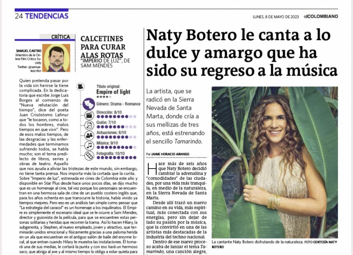 samuelescritor's tweet photo. Junto a @natybotero, en la página 24 de @elcolombiano que acompaña su desayuno, encuentran mi crítica de esta semana sobre “Imperio de luz”, estrenada hace pocos días en @StarPlusLA Invitados a leer. https://t.co/1jkE7s72n3