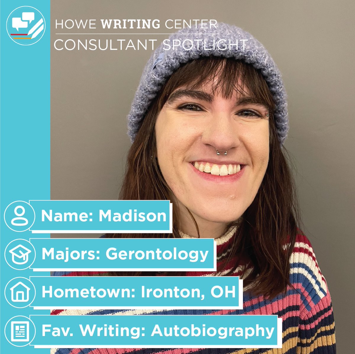 HCWEMiami's tweet photo. Good news: we’ll be continuing our new consultant spotlights all summer! Today, we’re introducing Madison, a graduate writing consultant in the Gerontology program!
You can learn more about our writing consultants on our website: https://t.co/89weA9YZXe
#miamiOH #hcwe #hwcmiami https://t.co/slfEqrEagw