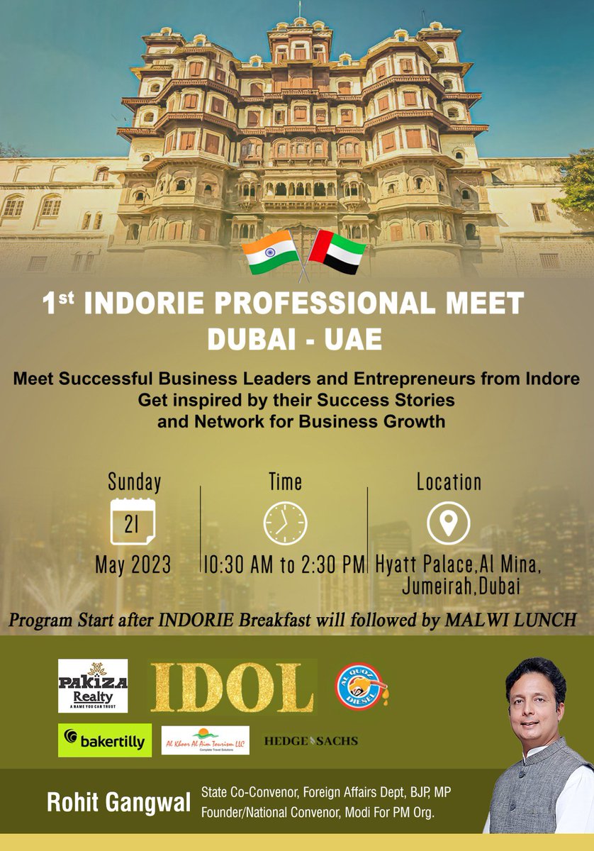 rohitgangwalind's tweet photo. This Professional Meet will certainly exchange the plethora of ideas for the development of Madhya Pradesh and would encourage Professionals across the globe to feel connected with Indore and MP. We are proud of being #Indorie, and I congratulate the organizers for taking this effective endeavor.

#India #Indore #Dubai