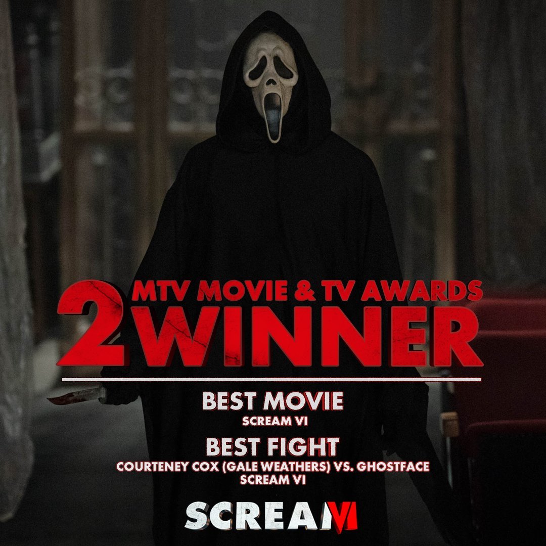 #Scream6 a remporté deux prix au #MTVawards :

-Meilleur Film
-Meilleur Combat (Gale vs Ghostface)