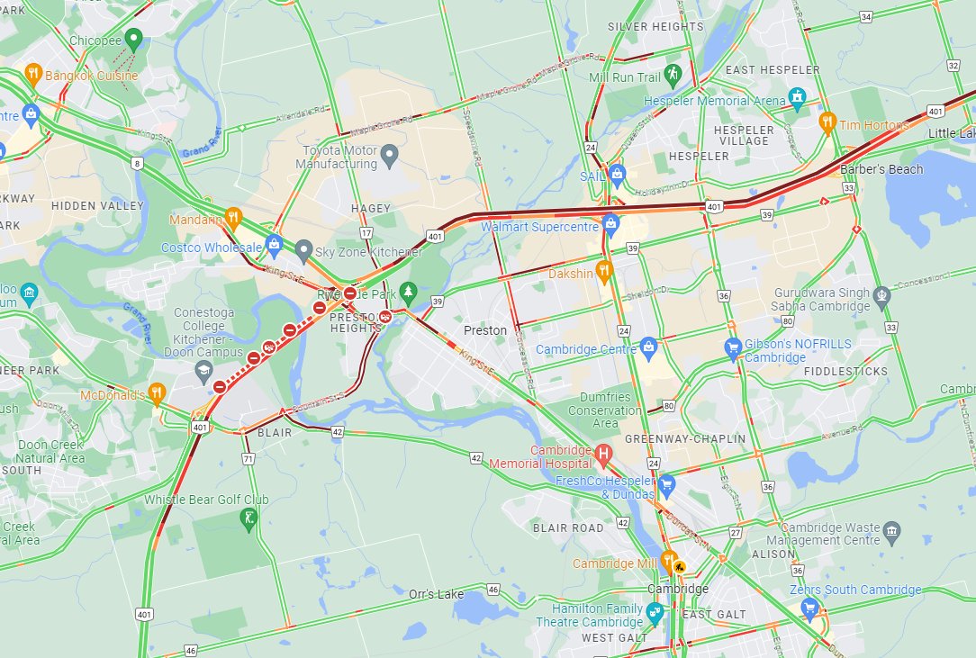 NewsRadioKIT's tweet photo. An absolute mess on the 401 through Kitchener and Cambridge this morning (9 a.m.)

The WB 401 is CLOSED at HWY 8 due to a crash.

Very heavy delays as a result.

Alternate routes also seeing very heavy delays. https://t.co/Ec0i21RVvp