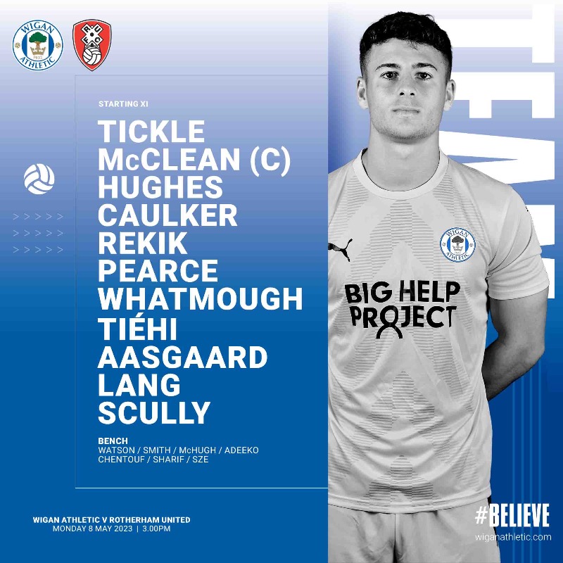 LaticsOfficial's tweet photo. 📋 Here is your Tics team to take on Rotherham United in our final game of the season… 

🔹 James McClean captains the side
🔹 11 Academy graduates named in the matchday squad 

#wafc 🔵⚪️ #BELIEVE