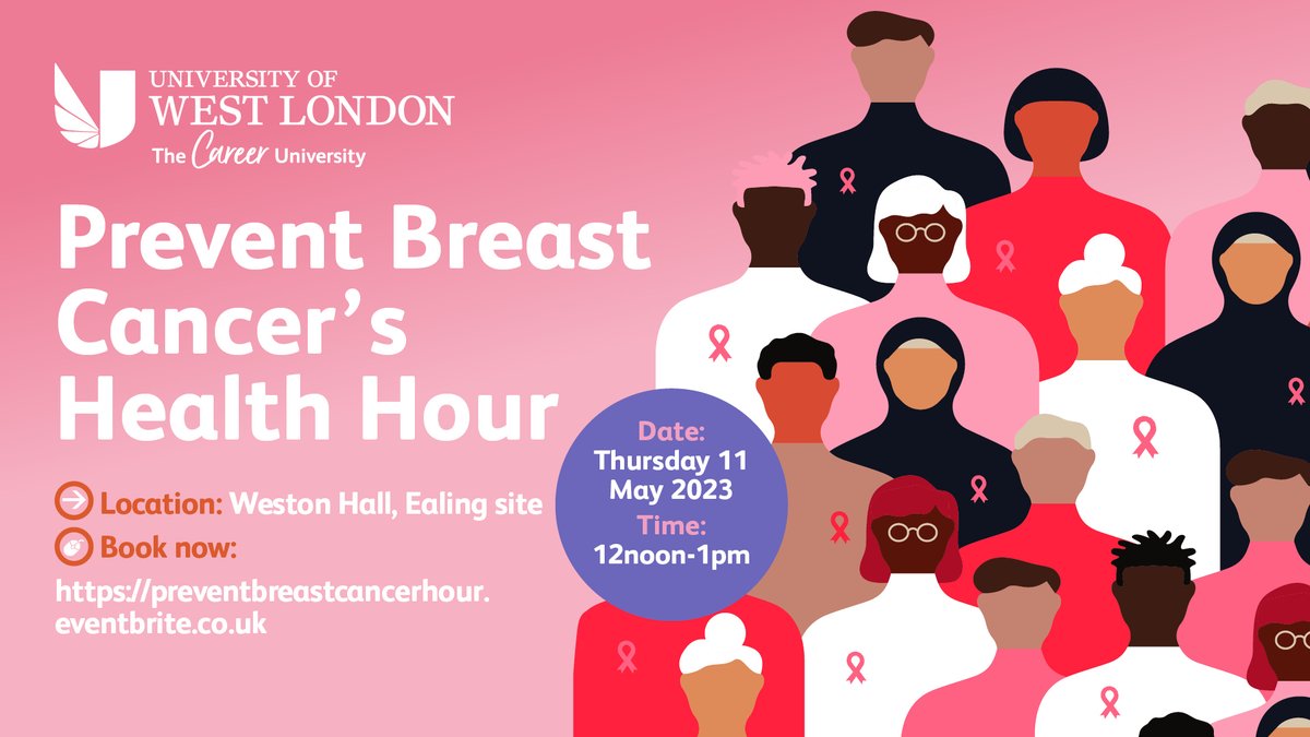 UniWestLondon's tweet image. Join us this coming Thursday, 11 May, from 12noon-1pm at Weston Hall for Prevent Breast Cancer's Health Hour Event. Let's unite to prevent breast cancer and discover how we can take charge of our health. Book your spot now! 🔗 …ventbreastcancerhour.eventbrite.co.uk