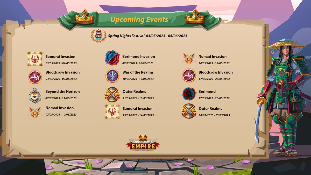 GGEmpire's tweet photo. Get ready to embark on an epic journey with our latest event plan for Goodgame Empire. Enjoy exciting battles and win amazing rewards. Join us now and let's conquer the realm together! #GoodgameEmpire #NewEvent #ConquerTheRealm https://t.co/XavdXfyFkI