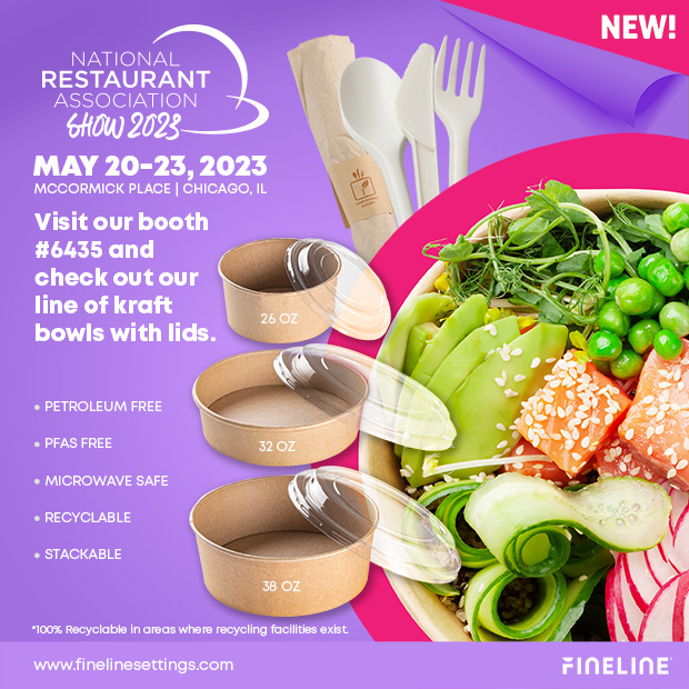 New Products, New Booth, and New Team Members at the 2023 NRA Show May 20-23, 2023  #6435. #whatsnew #fastcasual #2023RestaurantShow #disposable #recyclable #compostable #branding #packaging #kraft #custom #containers #innovative #meettheteam #finelineteam @nationalrestaurantshow