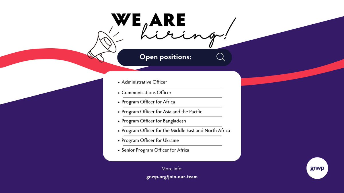 We are hiring! 🎯 

Are you a keen, driven & bold feminist? 🙋‍♀️ Then this might be your lucky day - GNWP is recruiting for 8 positions on its International Coordinating Team! Full-time, NYC and other location-based postings.

Learn more & apply ➡️ gnwp.org/join-our-team/