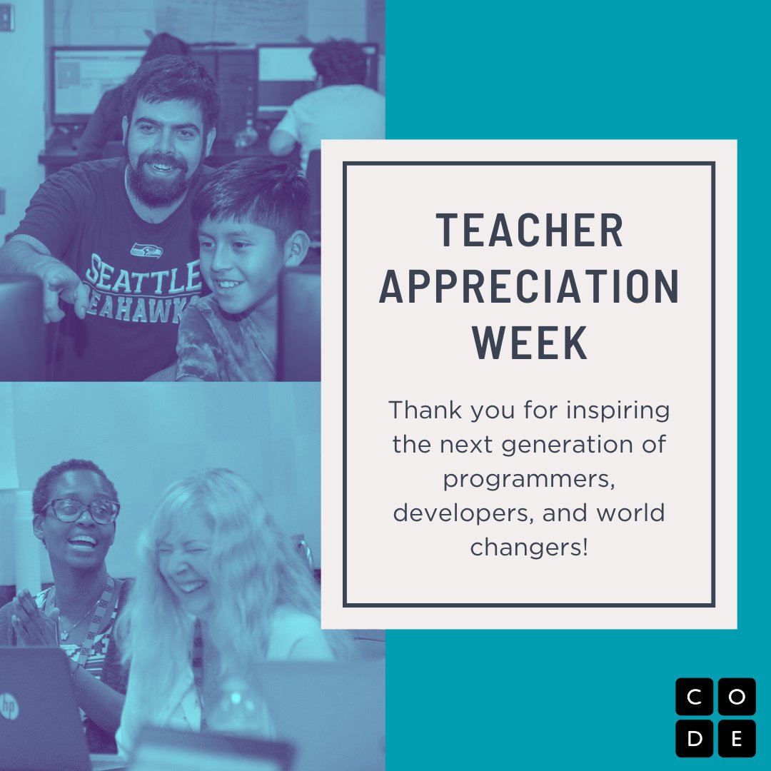 codeorg's tweet image. Happy #TeacherAppreciationWeek to all the amazing computer science teachers out there! You're not just teaching students how to code, but also helping them develop critical thinking, problem-solving, and creativity skills. Thank you! 💙
