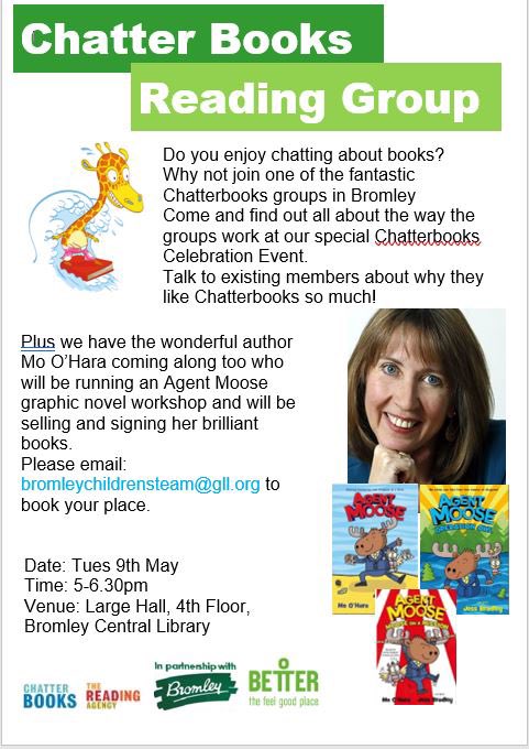 BromLibraries's tweet photo. Our #Chatterbooks Celebration Event at #BromleyCentralLibrary is TOMORROW at 5pm for 8-11s. Fantastic author @Mo_OHara will be running a graphic novel workshop based on her brilliant series: #AgentMoose illustrated by @VenkmanProject. To book: email bromleychildrensteam@gll.org https://t.co/fgFwPVTaXh