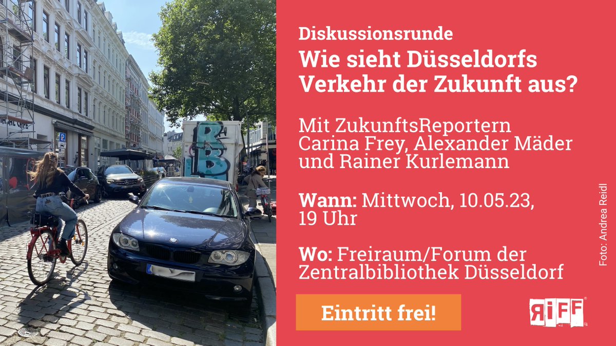 Höhere Parkgebühren, mehr Platz für Radwege: Die Debatte um Mobilität ist hochemotional, auch in #Düsseldorf. Am 10.05.23 ab 19 Uhr laden @freystil <a href="/RainerKurlemann/">Rainer Kurlemann</a> <a href="/methodenkritik/">Alexander Maeder</a> <a href="/RiffZukunft/">die ZukunftsReporter</a> in der Zentralbibliothek Düsseldorf zur Debatte ein:  duesseldorf.de/stadtbuecherei…