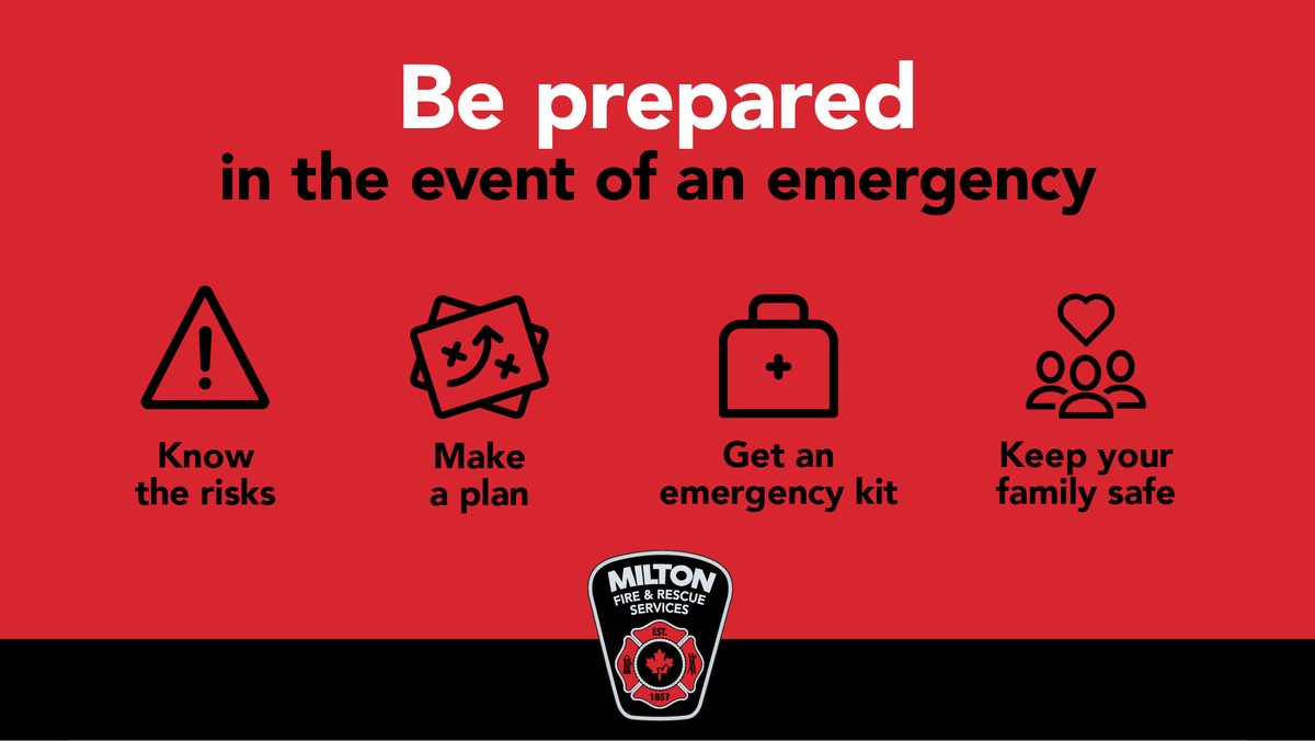 It's Emergency Preparedness Week. #EPWeek2023 #ReadyforAnything

We’re encouraging #MiltonON residents to take three simple steps to become better prepared to face a range of emergencies:

❗Know the risks 
📝Make a plan
🧰Get an emergency kit

More info: ow.ly/s1ml50OhhI5