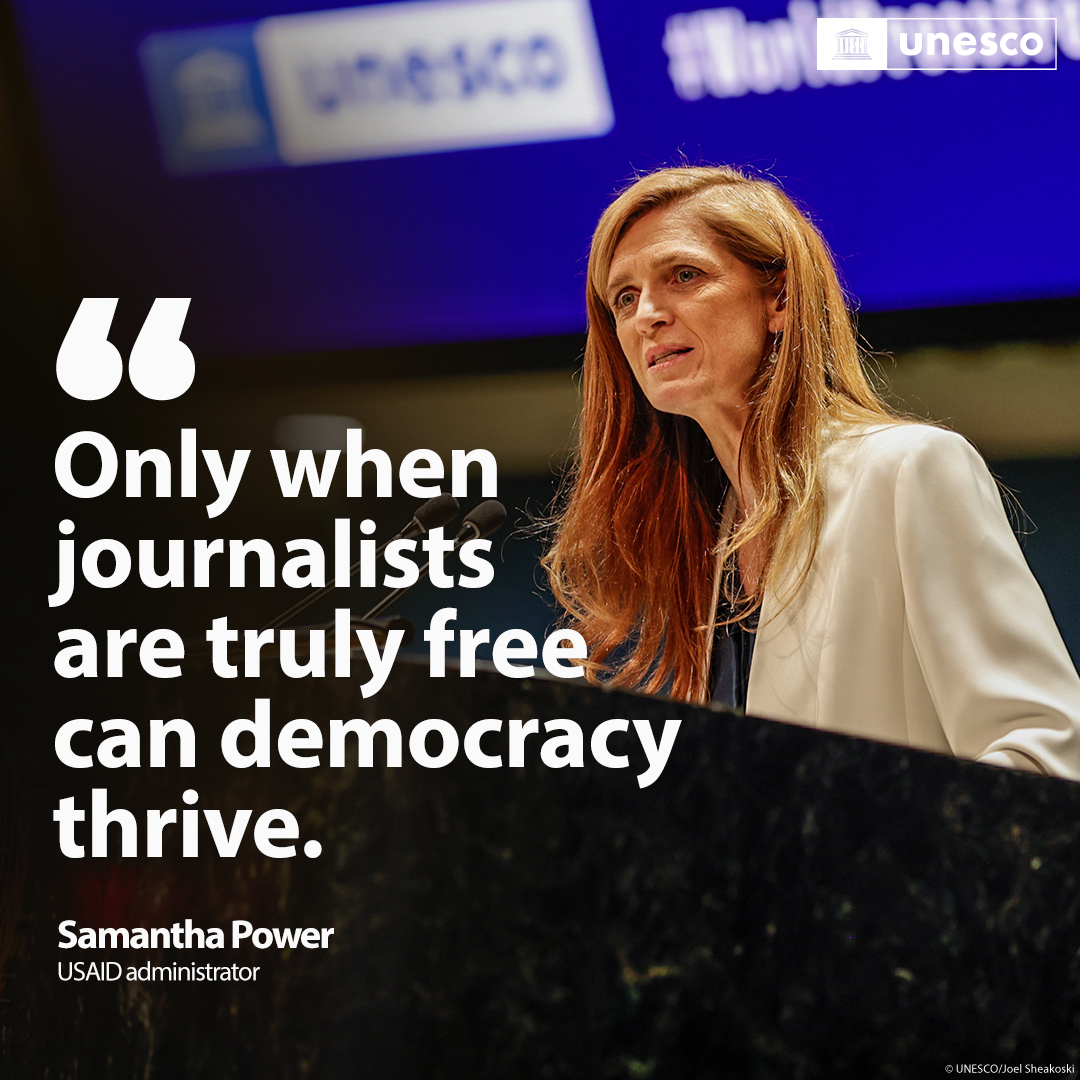Without journalists, there is no journalism.

Without journalism, there is no democracy.

As <a href="/PowerUSAID/">Samantha Power</a> reminded us on #WorldPressFreedomDay, now more than ever, it is time to defend journalism and #PressFreedom.

on.unesco.org/WPFD