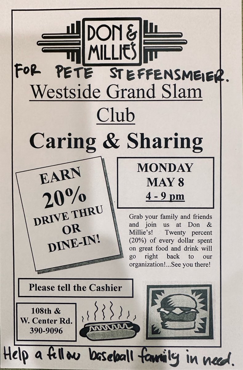 I don't have much of a social media following but let's try and share this. Tonight was supposed to be a fundraiser for Westside baseball at Don &amp; Millie's but we'd now like it to go to Pete Steffensmeier who is a Millard N. player who was serious injured in a game this weekend.