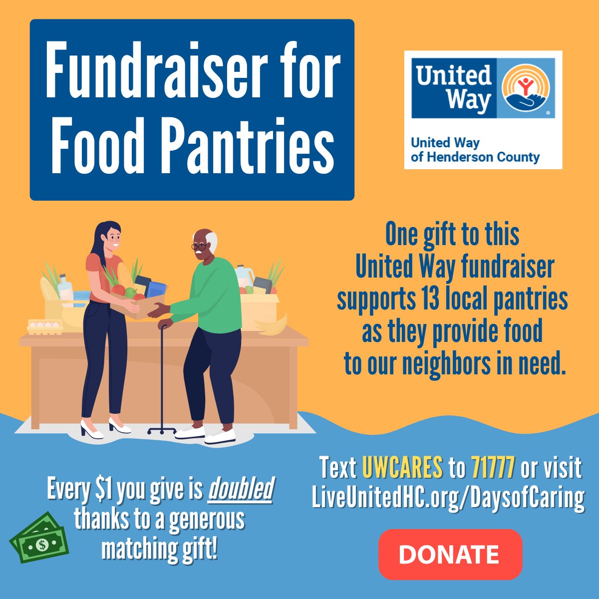 With one gift, you can support 13 local food pantries in Henderson County. Every $1 you give is doubled, thanks to a generous matching gift. To donate text UWCARES to 71777 or visit LiveUnitedHC.org/DaysofCaring

#give #donate #food #northcarolina #unitedway
