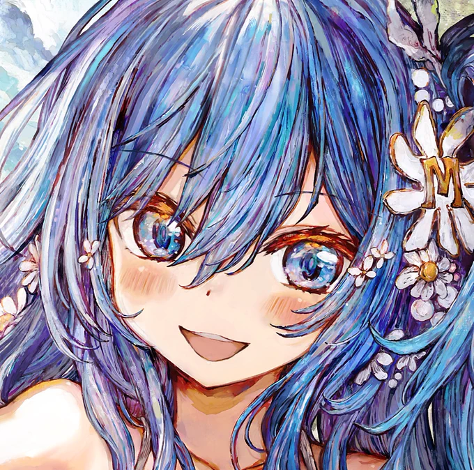 これはマジで前髪のあたり拡大してぜひ見てほしい、絵の具で描いたような質感表現ができるようになった  トリミングしてない他の場所も遊び心のある質感表現を取り入れたので、絵の中のいろんな場所にお宝が眠ってる 5月23日から東京アニメセンターで展示されるので近くで見ていただけたら嬉しいな