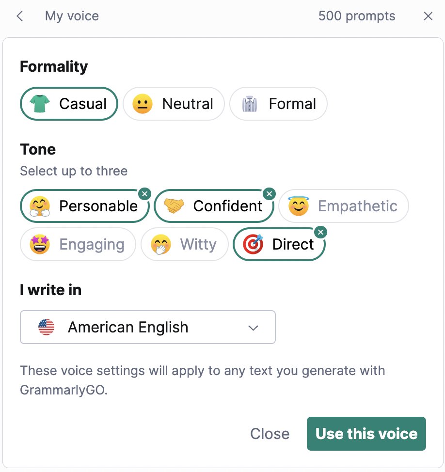 straightupkate's tweet image. What are your voice settings in GrammarlyGO?

#grammbassador @Grammarly #grammarlygo