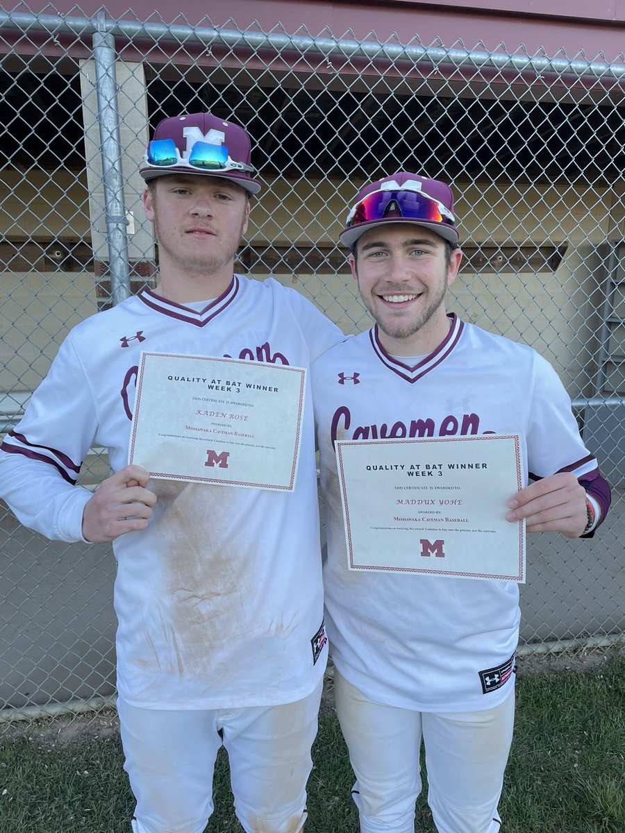 Congratulations to <a href="/krose_50/">Kaden Rose</a> &amp; <a href="/YoheMaddux/">Maddux Yohe</a> for being the previous week’s QAB winners! Both scored a 75 for the week. Great job boys! #processoveroutcome <a href="/cavemensports/">Mishawaka Athletics</a> <a href="/MHS_BSBL_ALUMNI/">Mishawaka Baseball Alumni</a> <a href="/SCMSchools/">SCM Schools</a> <a href="/BodyMishawaka/">Mishawaka Student Body</a> <a href="/MHSSection/">MHS Section</a>