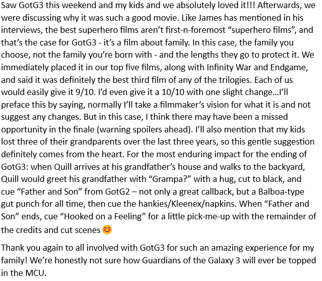 MarvelMovieMan1's tweet photo. @JamesGunn @prattprattpratt 
Warning: possible spoilers for #GOTGVol3 
If you haven't seen it, don't read the pic.
James Gunn and #GotG3 cast and crew thank you!!! https://t.co/LpB6nntL8U