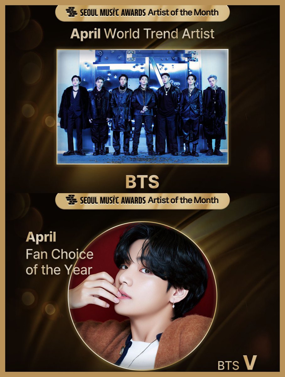 BTSquadInfo's tweet photo. [INFO]📰

¡BTS y Taehyung han ganado en los Seoul Music Awards edición mes de abril!

•World Trend Artist — BTS
•Fan Choice of the Year — Taehyung

©Onlybangtanph | @BTS_twt #BTSARMY https://t.co/JGQXUa5Sje