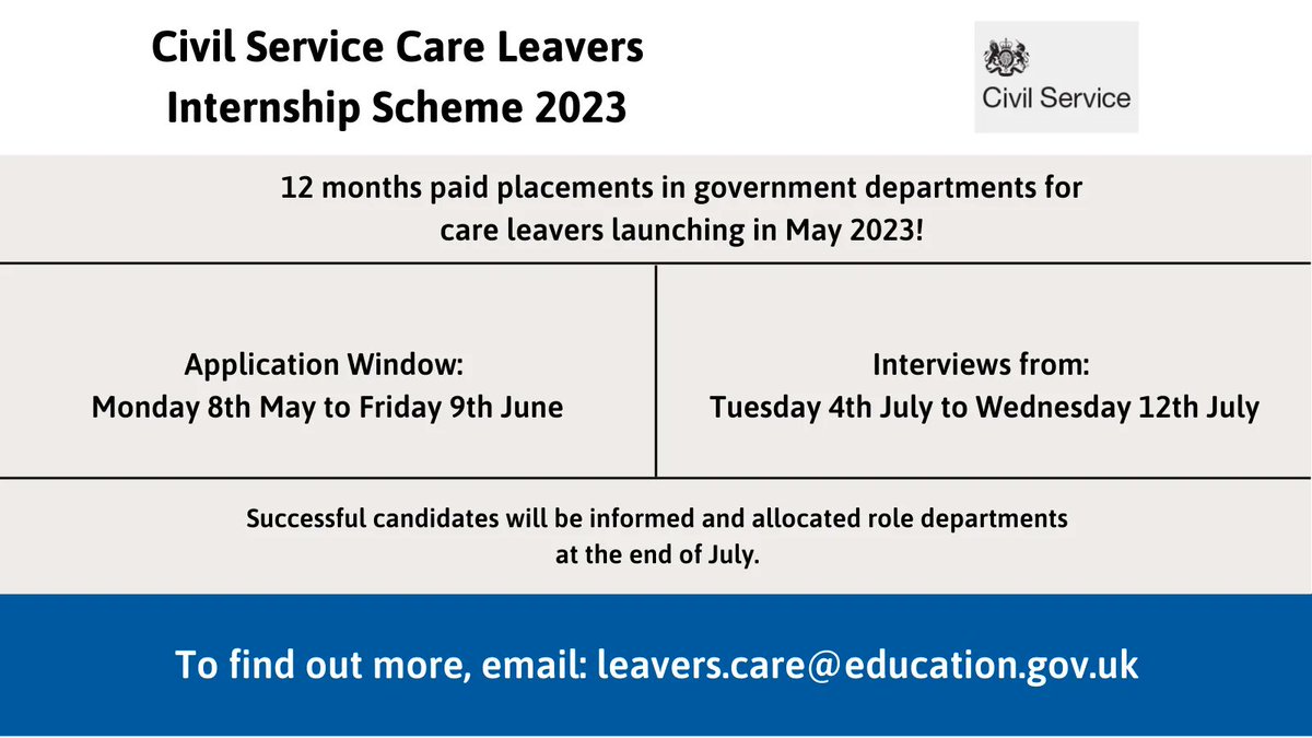 ReesFoundation's tweet photo. Applications for this year's Civil Service Care Leaver Internship scheme are now open! They are providing a number of great opportunities in different departments across the country and you have until the 9th June to sign up! To find out more, email leavers.care@education.gov.uk https://t.co/KkFsuG7QID