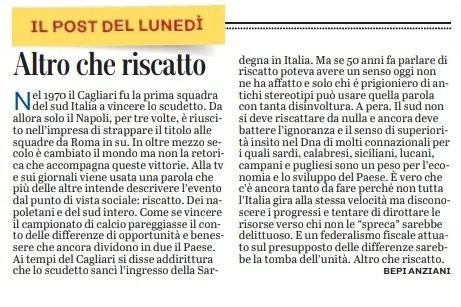 bepianziani's tweet photo. Il sud non si deve riscattare affatto. Semmai è il resto del Paese a dovergli qualcosa.
#ilpostdellunedì #unionesarda ##Napoli #Scudetto #sud #suditalia #cagliari https://t.co/T1cm2vzZmZ