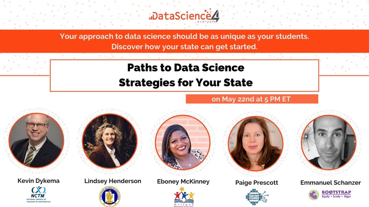 Want to learn about state-led #datascience education strategies? Join us on 5/22 to hear from @BootstrapWorld, <a href="/kdykema/">Kevin Dykema</a> from <a href="/NCTM/">NCTM</a>, @flippyfeets from <a href="/UTBoardofEd/">Utah State Board of Education</a>, <a href="/paprescott/">Paige Prescott</a> from Computer Science Alliance, and <a href="/EboneyYMcKinney/">Eboney McKinney</a> from <a href="/azedschools/">Arizona Department of Education</a> ⤵️
eventbrite.com/e/paths-to-dat…