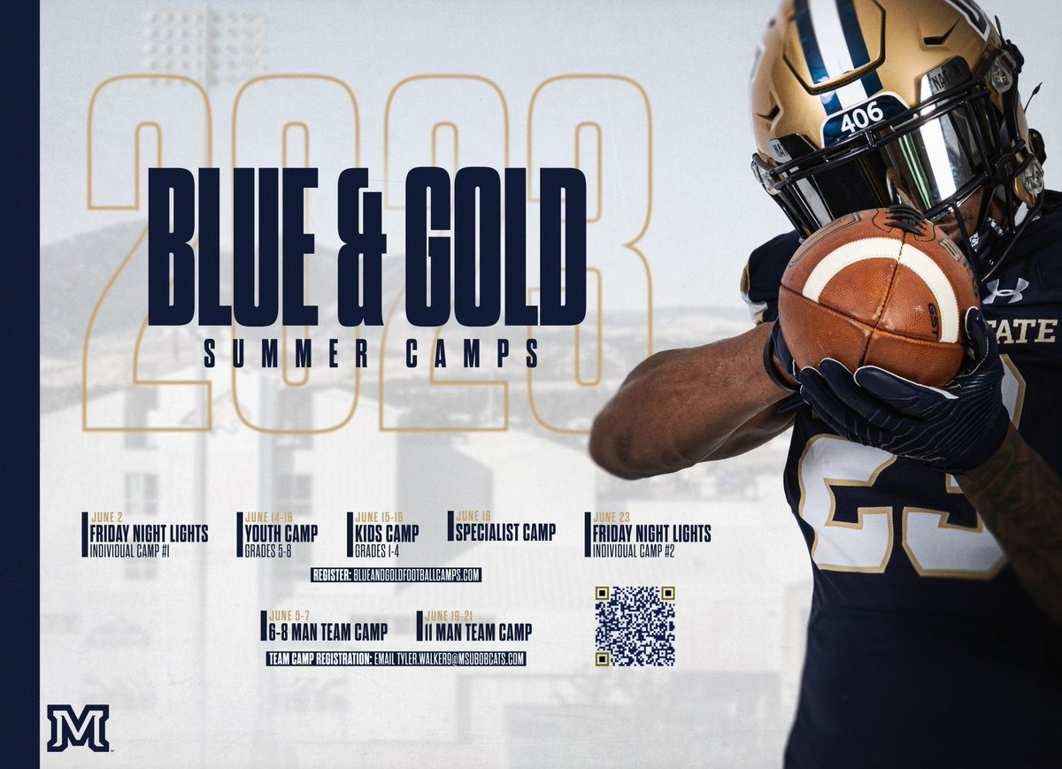 Can't wait to see the talent in Bozeman this summer 🔥
It's a great time to be a Cat ‼️
Come CONNECT & COMPETE 💪👀
#BobcatBuilt

blueandgoldfootballcamps.com