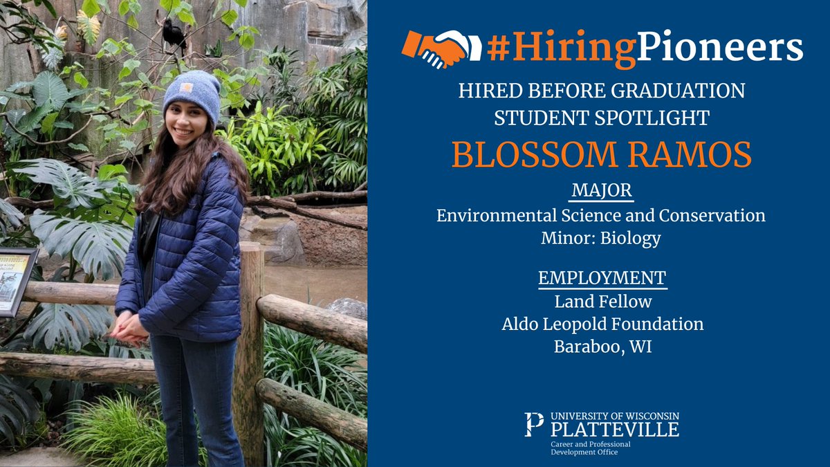 Hired Before Graduation Student Spotlight
 
Blossom Ramos

Hometown: McHenry, IL
Major: Environmental Science and Conservation
Minor: Biology
Employment: Land Fellow, Aldo Leopold Foundation

<a href="/uwplatteville/">UW-Platteville</a>