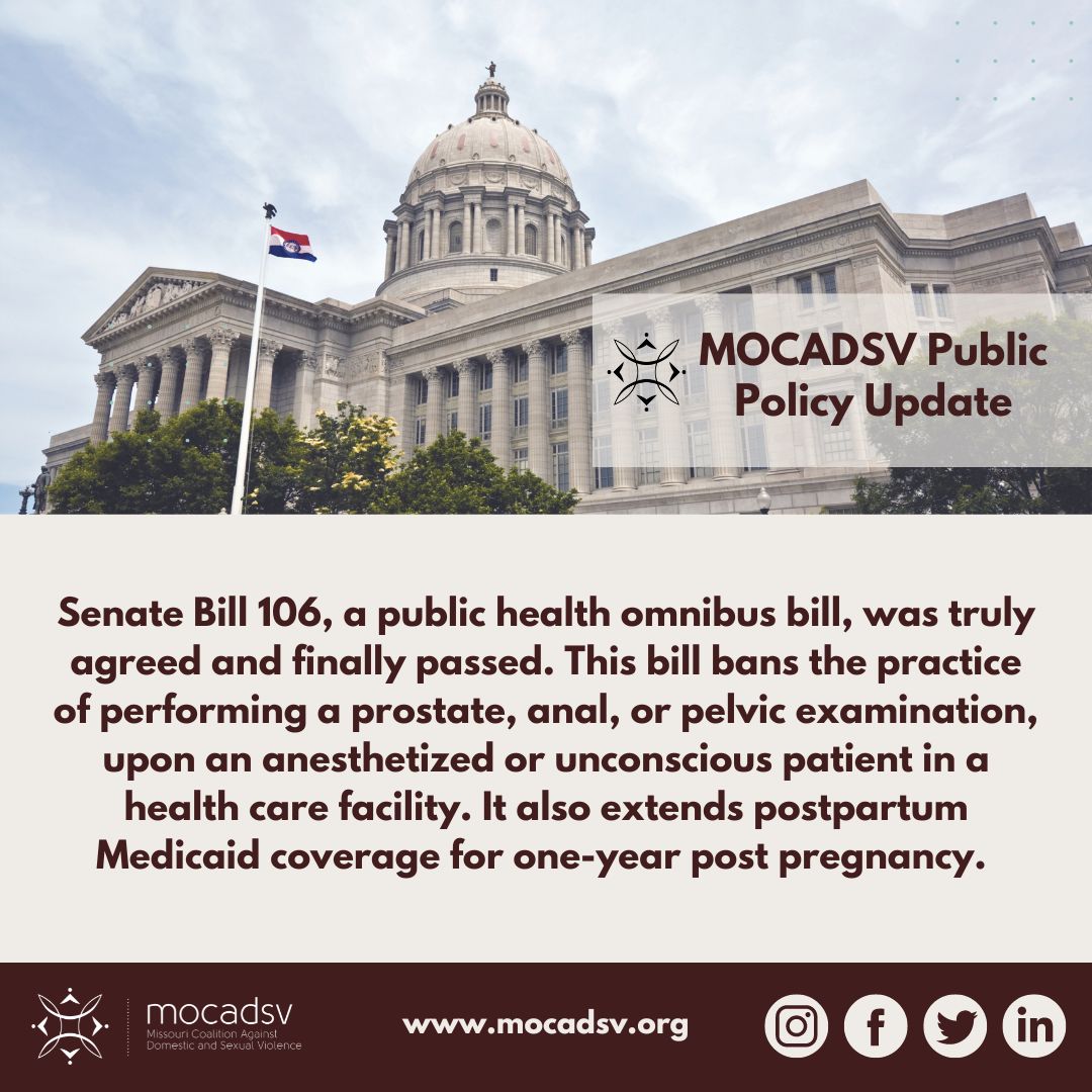 SB 106 was truly agreed and finally passed last Friday. This bill pans the practice of performing prostate, anal or pelvic examination upon an anesthetized or unconscious patient. It also extends postpartum Medicaid coverage for one-year post pregnancy. #WeChangeLawsWeChangeLives