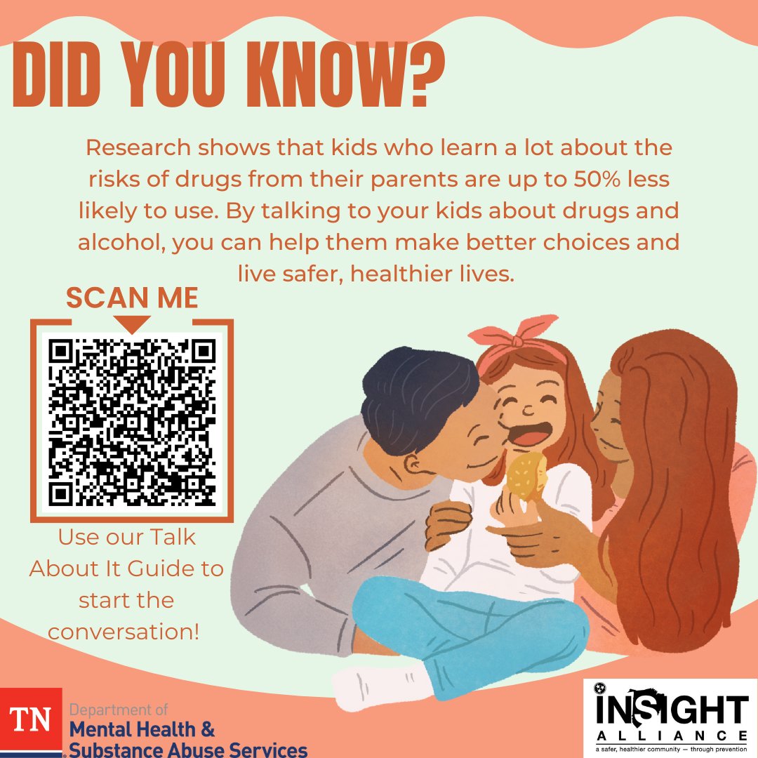 InsightWashCoTN's tweet photo. Sometimes it is hard to talk to our kids about alcohol, tobacco, or other drugs. Use the QR code to get our Talk ABout It Guide, which can guide you through that conversation from ages PreK all the way to college! https://t.co/Gz62CpxXo8