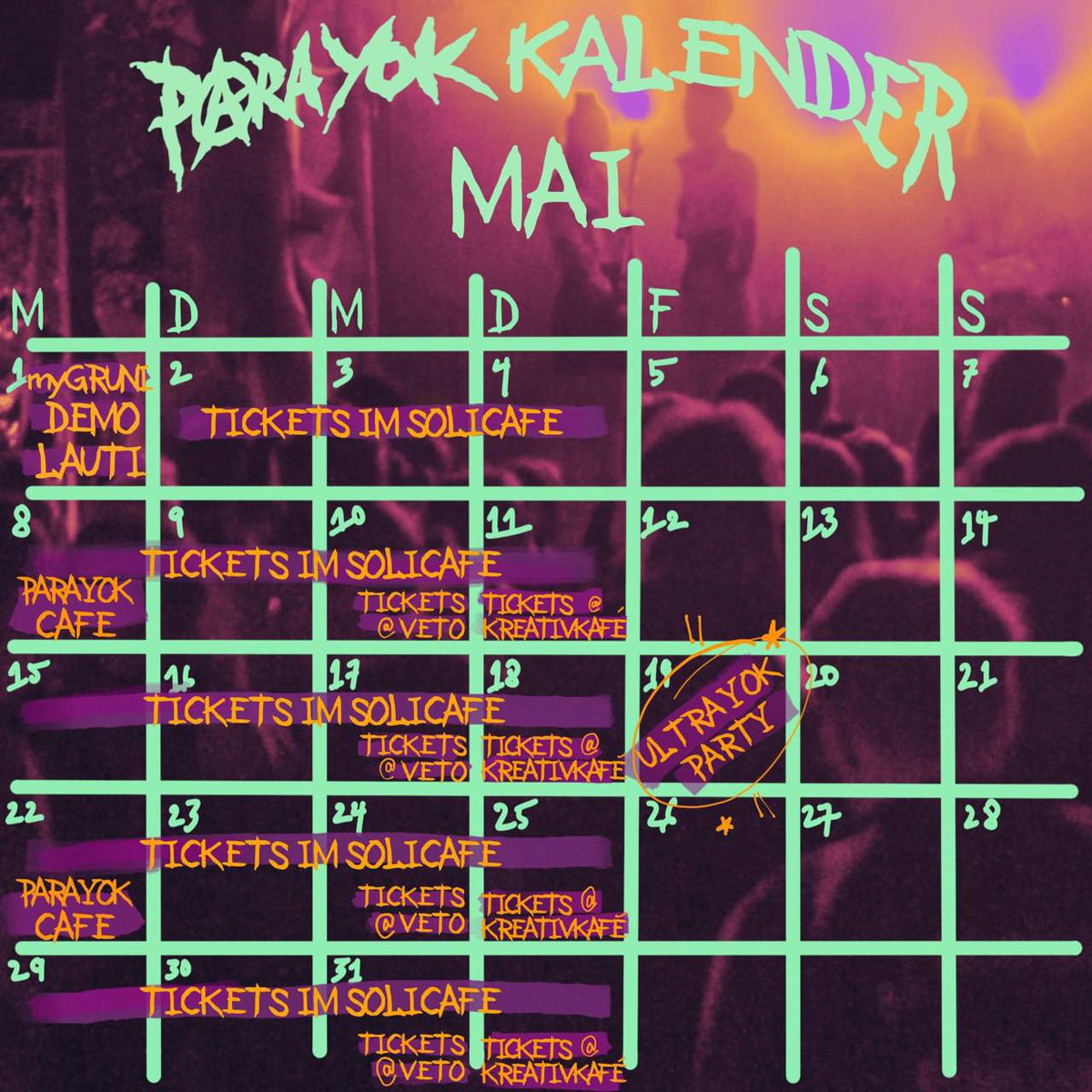 [Café] Ab jetzt können bei uns wieder Para Yok Festival Tickets gekauft werden. Hier der Para Yok Kalender für diesen Monat/Good News: Die Kaffeemaschine geht wieder! Es gibt also wieder erstklassigen Kaffee und leckeres Essen heute im Para Yok Café #rbf #parayok #regenbogencafe