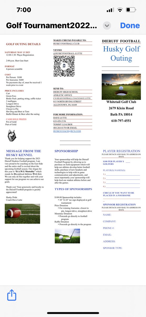 DieruffFootball's tweet photo. 5th Annual Husky Football Golf Outing this Saturday May 13 at Whitetail! Still need 4 groups to have a full field! Come join the fun and help the Huskies!! https://t.co/JLbabTSdal