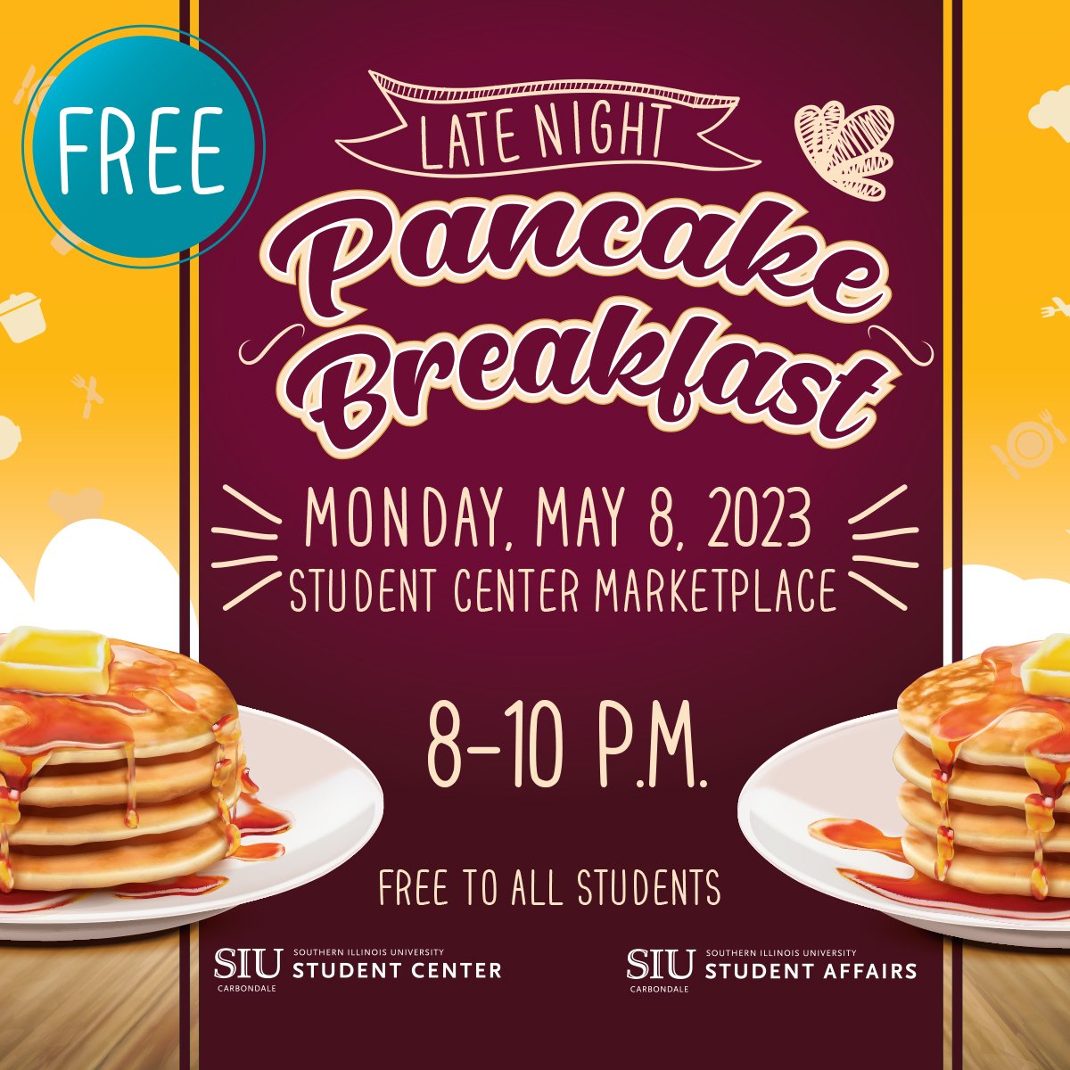 Take a break from studying and grab breakfast on Student Affairs! From 8-10pm TONIGHT at the SIU Marketplace get a delicious meal and a deserved break during finals week. Grab your friends and we'll see you there! #thisissiu