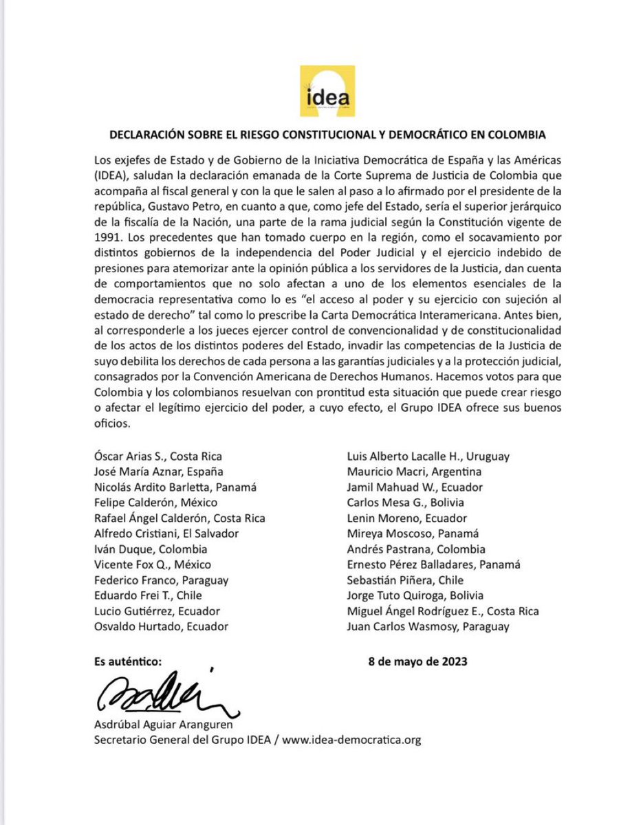 lcvelez's tweet image. #LoUltimo - 24 expresidentes de America Latina advierten a Gustavo Petro sobre los riesgos de romper la institucionalidad y la democracia en Colombia
