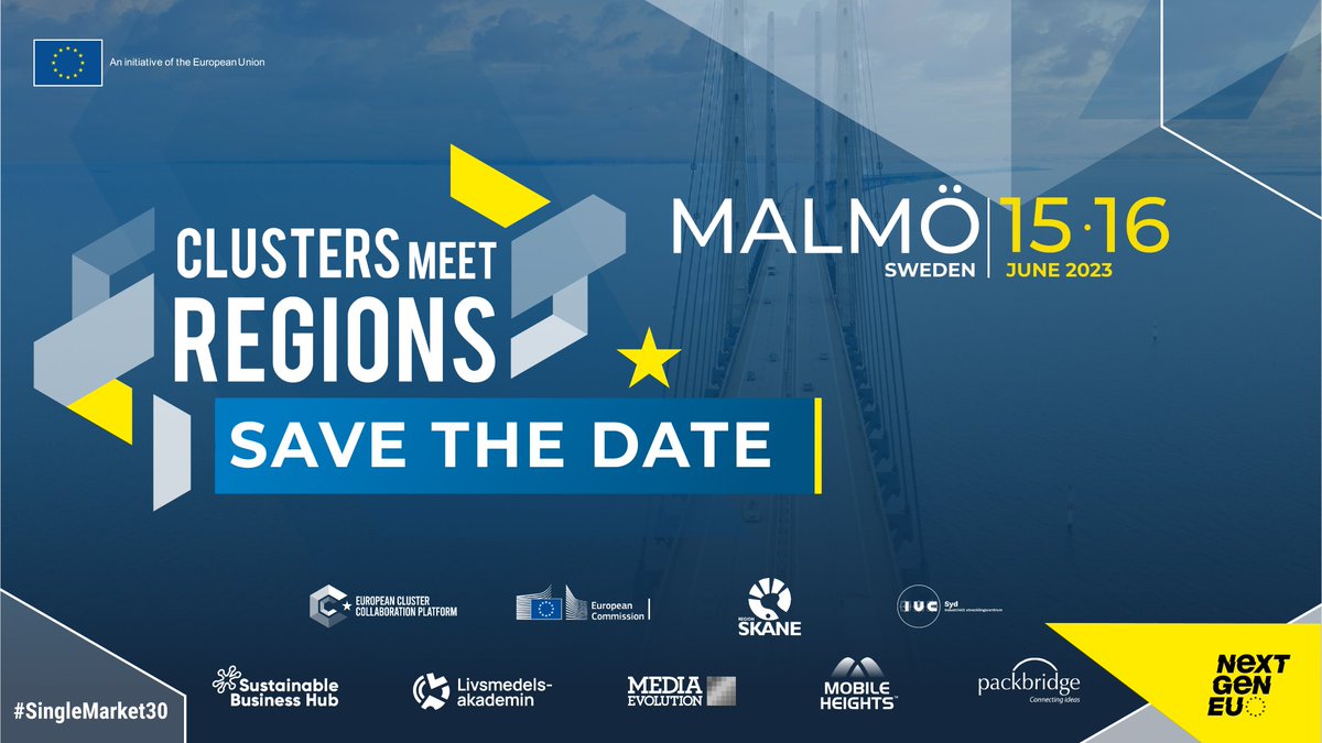 📣Save the Date! #ClustersMeetRegions event is coming to Malmö, Sweden 🇸🇪 on 15-16 June 2023! 

Join us to connect with top clusters, exchange ideas and shape the future of collaboration. Mark your calendars and stay tuned for more info! 🗓️ 

#ECCP👇clustercollaboration.eu/content/cluste…