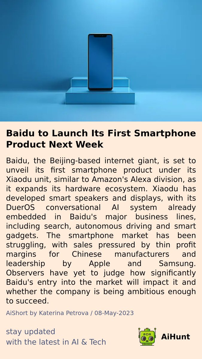 aihuntapp's tweet image. 🤫 Something big is about to happen! Baidu, Beijing&apos;s internet giant, is unveiling its first smartphone product! 📱 How will this impact the struggling smartphone market? Stay tuned to find out! #Baidu #Smartphones #HardwareEcosystem 🤔