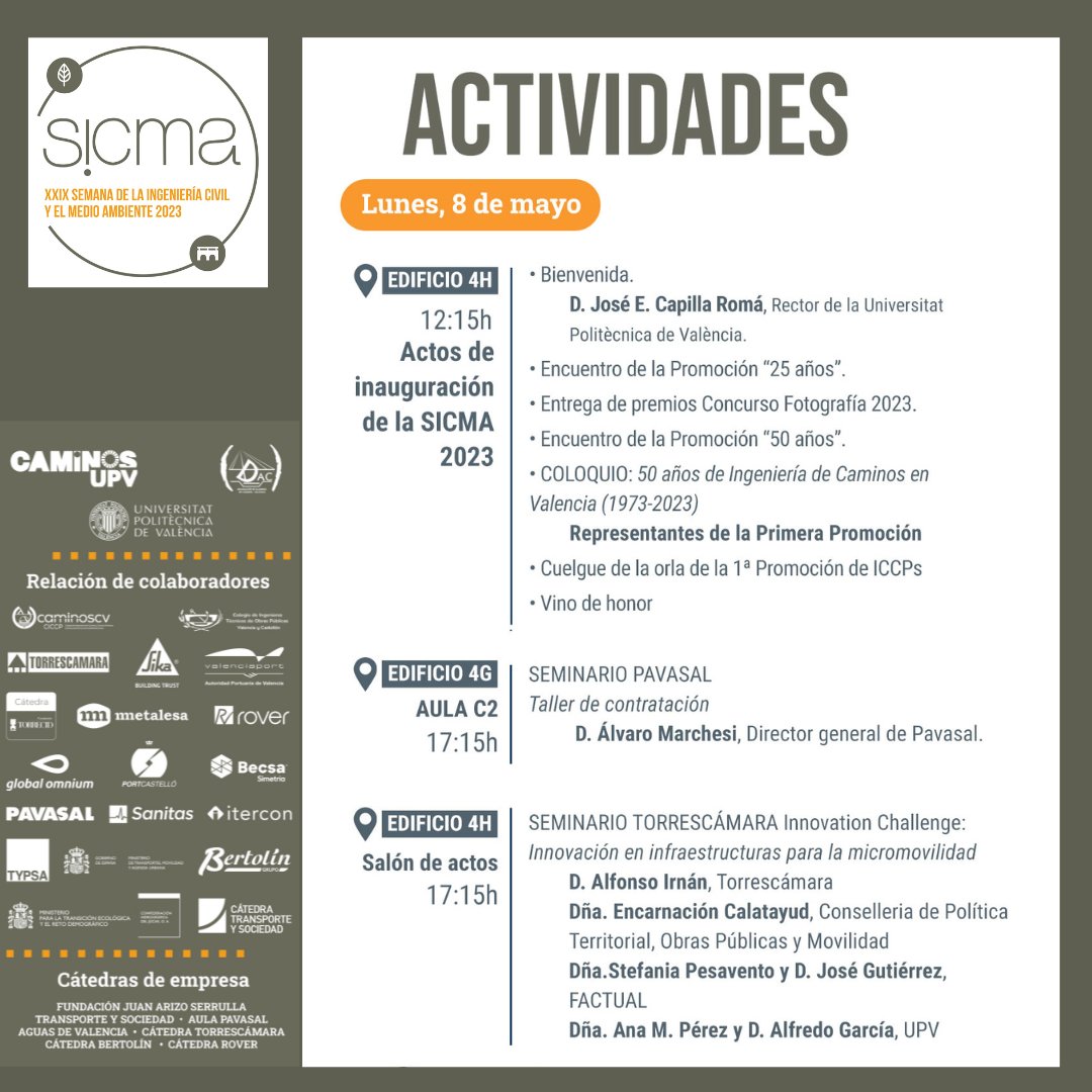 CaminosUPV's tweet photo. ¡Seguimos con #SICMA23! Os dejamos el programa con las actividades que tenemos preparadas para hoy, lunes 8 de mayo. 
¡No os lo perdáis!  
💡 Recordad que SICMA continúa hasta el 12 de mayo #SICMA2023 @citopcv @caminoscv @portcastello @valenciaport @pavasal @becsa_ y ➕➡ https://t.co/haWkoAx0oS