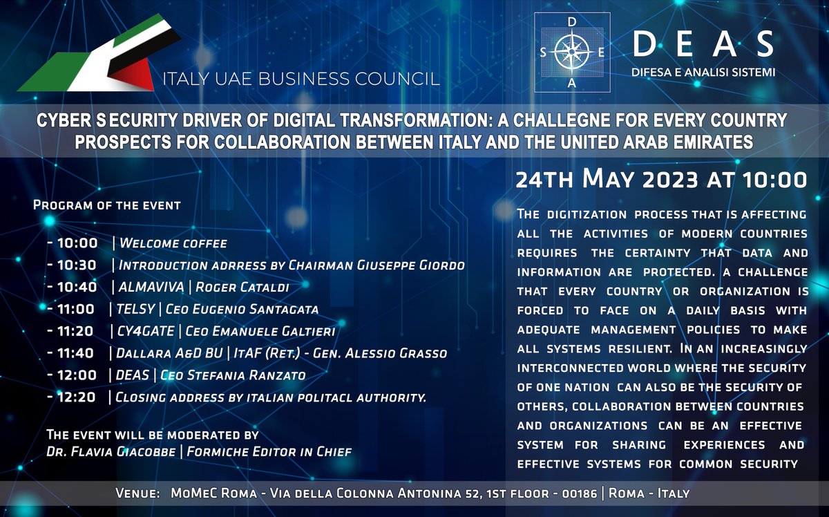 ItalyUAE's tweet photo. The Italy UAE Business Council,on behalf of Chairman Mr.Giuseppe GIORDO and Co-Chairman Mr.Badr AL OLAMA,has the pleasure to announce the Italy - UAE Cyber Conference Event that will be held on 24 May 2023 in Rome,Italy. If you are interested write an email to:staff@italyuae.com. https://t.co/SGKCUjllwC
