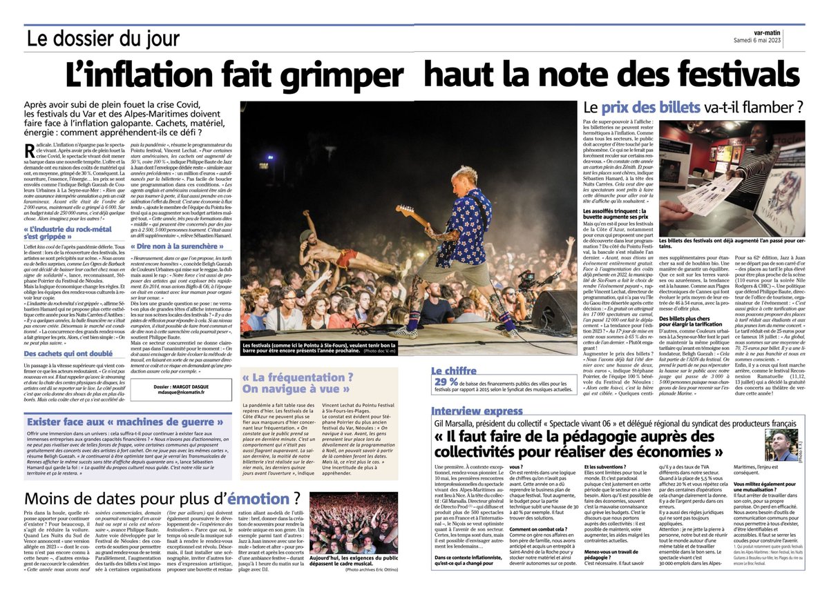 💬 "Cachets, matériel, énergie, l'inflation fait grimper haut la note des festivals."

Merci à <a href="/Var_Matin/">Var-matin</a> pour ce tour d'horizon des festivals de la région.