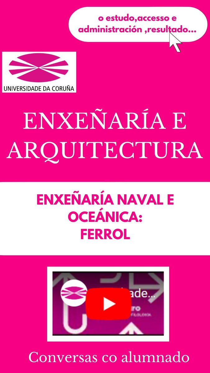 Rama de Enxeñaría e Arquitectura: Enxeñaría Naval e Oceánica no Campus de Ferrol.
Acceso ás portas abertas virtuais mediante a seguinte ligazón: udc.gal/gl/futuros_est…