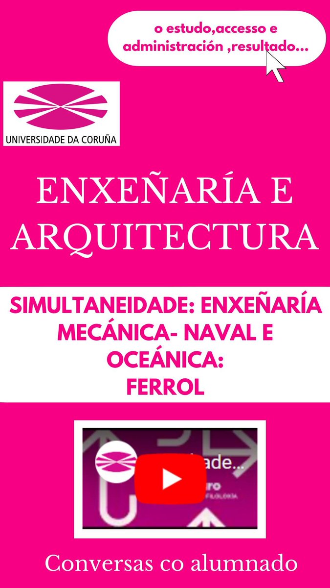 Rama de Enxeñaría e Arquitectura: Enxeñaría Mecánica + Enxeñaría Naval e Oceánica no Campus de Ferrol.
Acceso ás portas abertas virtuais mediante a seguinte ligazón: udc.gal/gl/futuros_est…