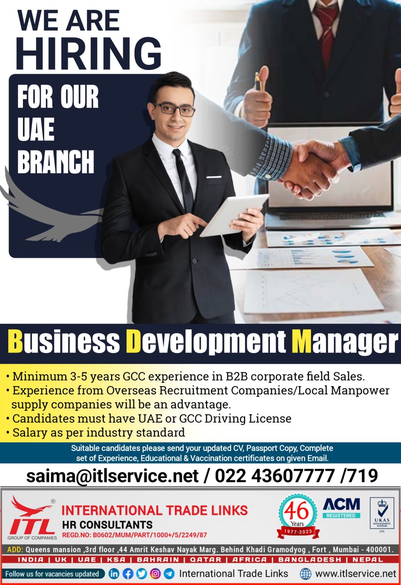 ItlJobs's tweet photo. JOB VACANCY FOR #uae
Interested candidates, please send your updated CV on given emails

Learn more : https://t.co/L5a1jS36cU

ITL H.O Location : https://t.co/EUEGpvplAT
#bdm #bdmjobs #bde #busniessdevelopment #marketing #manager #manpower #recruitment #overseas #itl #uaebdm https://t.co/XCZbErOBmf