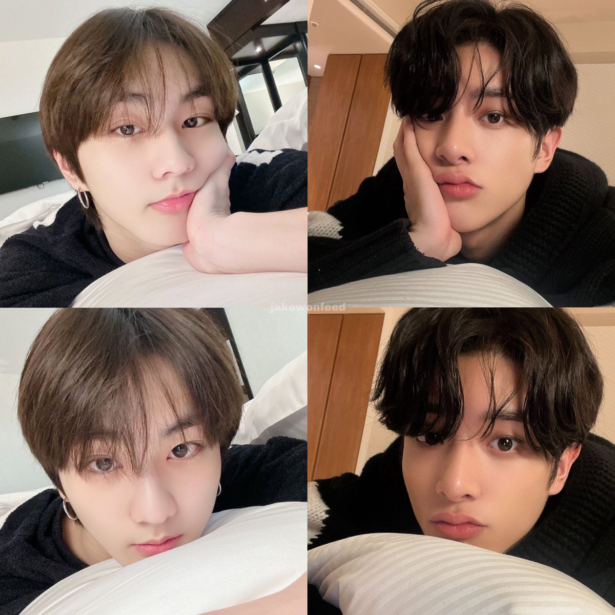 jakewonfeed's tweet image. jakewon matching poses on their bed selcas