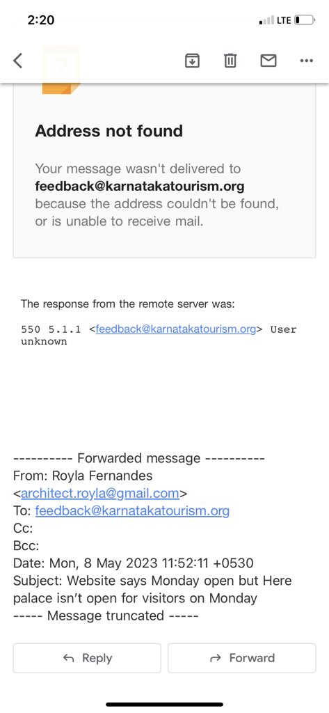 roylacfernandes's tweet photo. @KarnatakaWorld Tourists visiting #BangalorePalace have wasted trip. @bangaloretour - https://t.co/OfWi2twbMg needs to update its website informing Monday is “Holyday”! 
Email sent to address feedback@karnatakatourism.org failed

#karnatakatourism #heritagemonuments #visitorwoes https://t.co/NF7QwATIEs