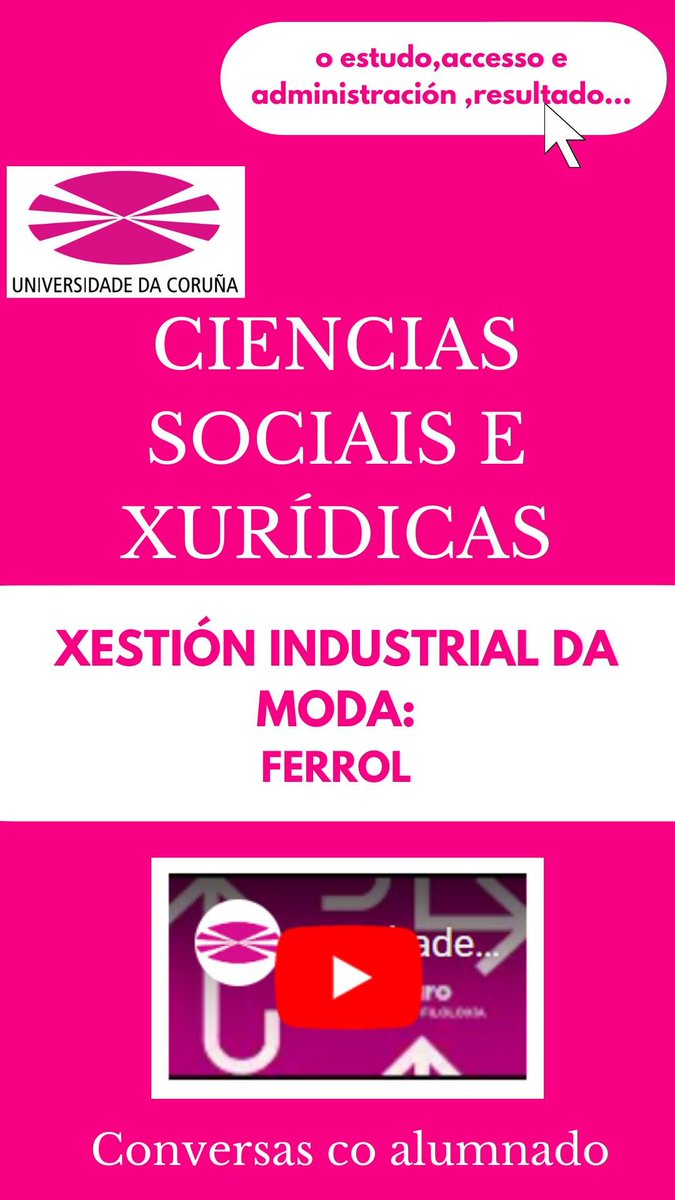Rama de Ciencias Sociais e Xurídicas: Xestión Industrial da Moda no Campus de Ferrol.
Acceso ás portas abertas virtuais mediante a seguinte ligazón: udc.gal/gl/futuros_est…