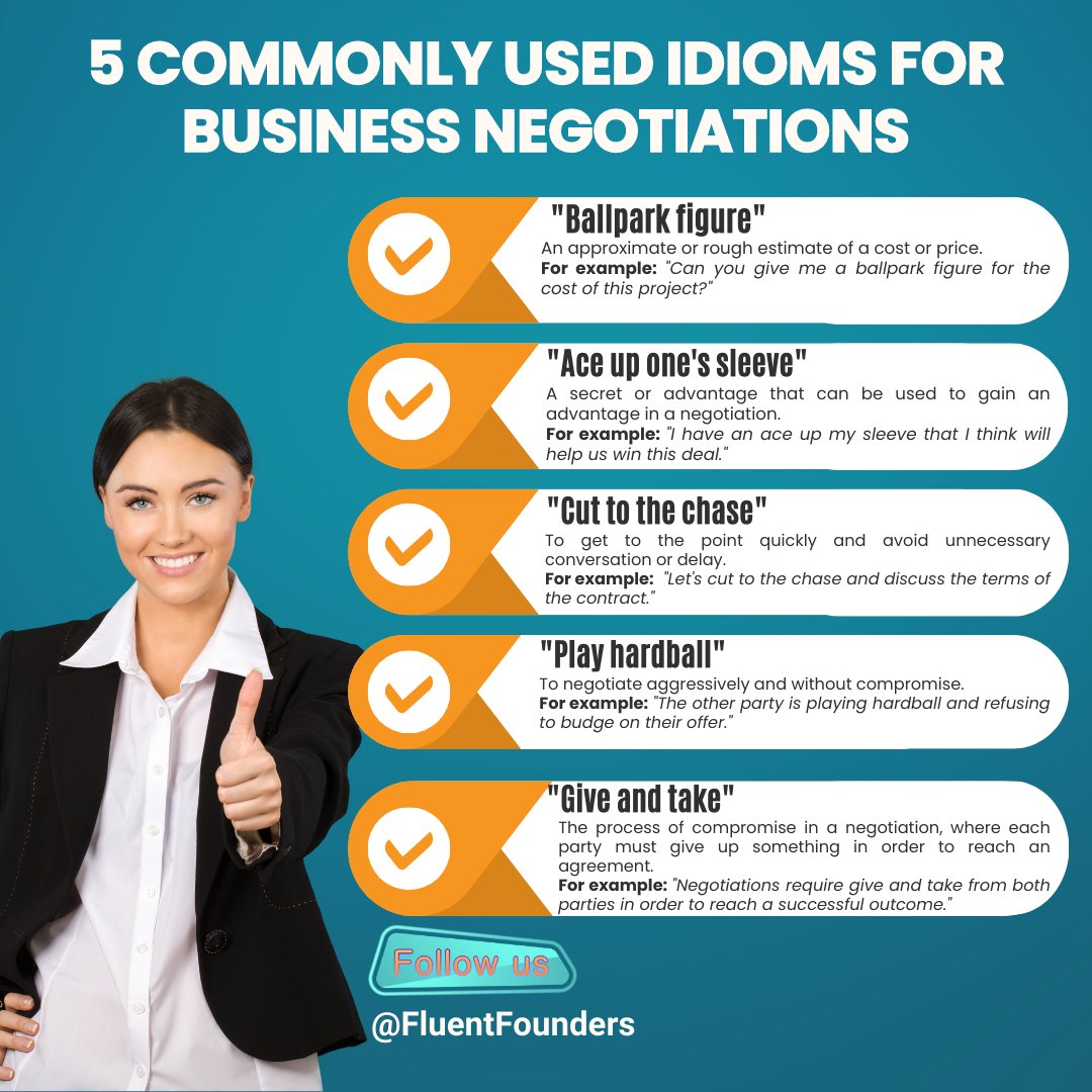 Negotiating in English? 🤝 Boost your communication skills with these 5 commonly used business idioms to help you ace your next deal.💡#BusinessEnglish #EnglishIdioms #StartupFounders #FintechEntrepreneurs #CommunicationSkills #EnglishLanguageLearning #BusinessEnglishVocabulary