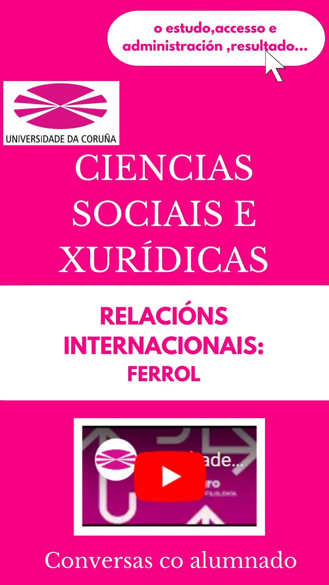 Rama de Ciencias Sociais e Xurídicas: Relacións Internacionais no Campus de Ferrol.
Acceso ás portas abertas virtuais mediante a seguinte ligazón: udc.gal/gl/futuros_est…