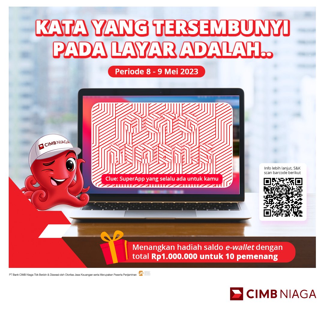 CIMBNiaga's tweet photo. Selamat hari Senin guys!

Habis lebaran saldo mulai menipis, mending sini ikutan kuis berhadian dari CIMB Niaga! Yuhuu🥳

Caranya cukup tebak kira-kira ada tulisan apa pada laptop di atas?

Langsung jawab yuk, jangan lupa mention temanmu dan ajak untuk follow sosial media CIMB Niaga ya!✨

Info lebih lanjut: https://t.co/WH5XRcNFyH

#CIMBNiaga
#Quiz
#Hadiah