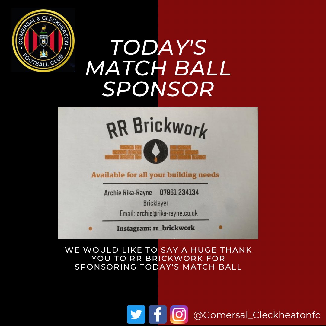 GomersalCleckFC's tweet photo. Huge thank you to RR Brickwork for sponsoring todays match ball in our game against Rawdon https://t.co/klh1dp39lQ