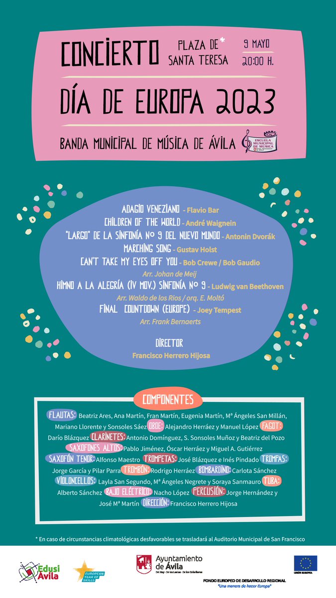 EDUSIAvila's tweet photo. ¡Mañana tienes un plan para celebrar el Día de Europa! 💙🇪🇺  

¡Un concierto de la banda de la escuela municipal de música de Ávila!  

⏰  ¿A qué hora? a las 20.00   

📍¿Dónde? en la Plaza de Santa Terea  

 ¡Ven a disfrutar de una velada musical única para todos! https://t.co/v6eDDiKTCB